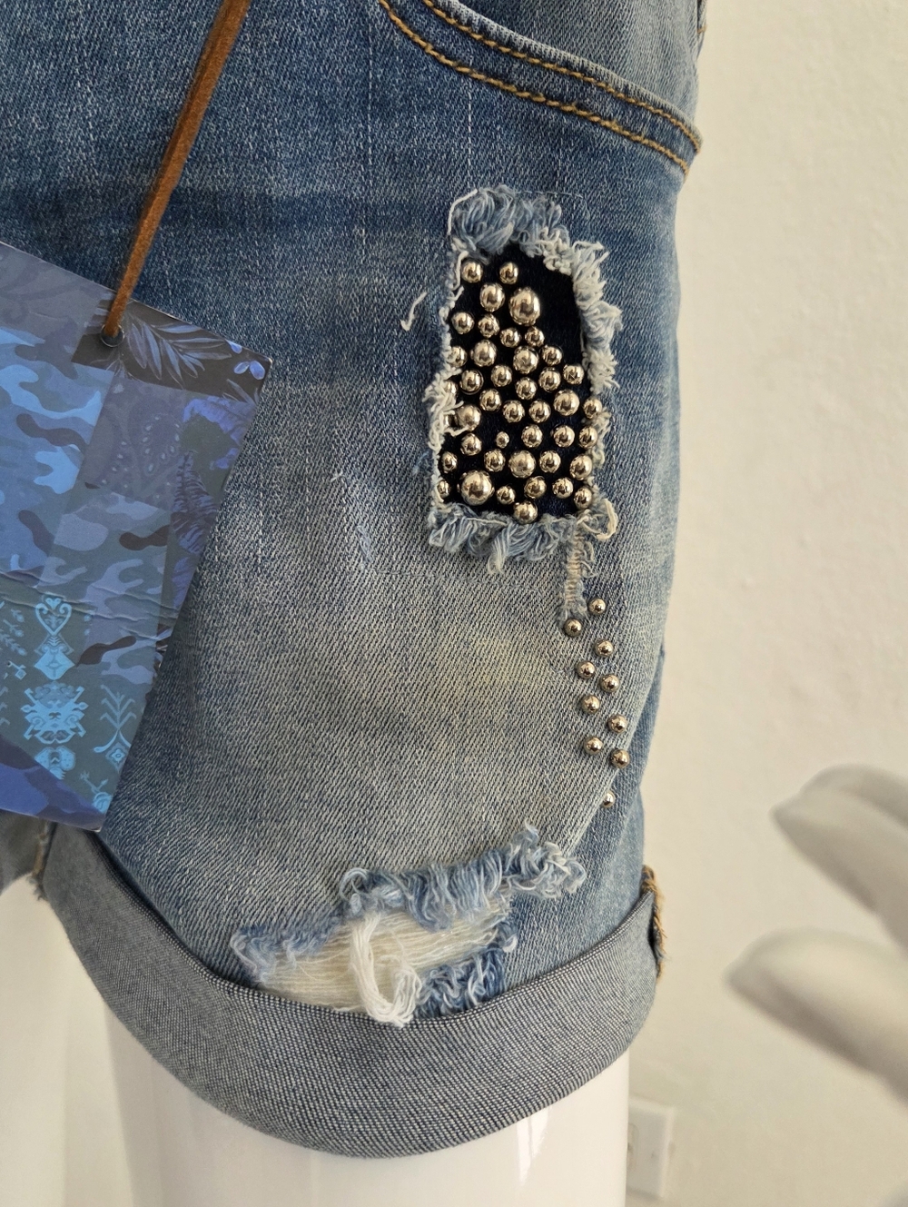 Funky Soul Distressed Studded Denim Short Overalls NWT - Picture 6 of 16